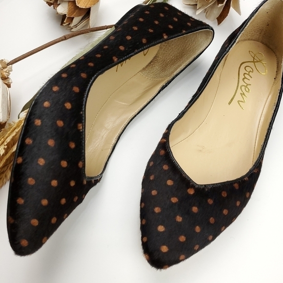 Rowen Faux Fur Black Tan Polka Dot Flats 7m - Picture 5 of 7